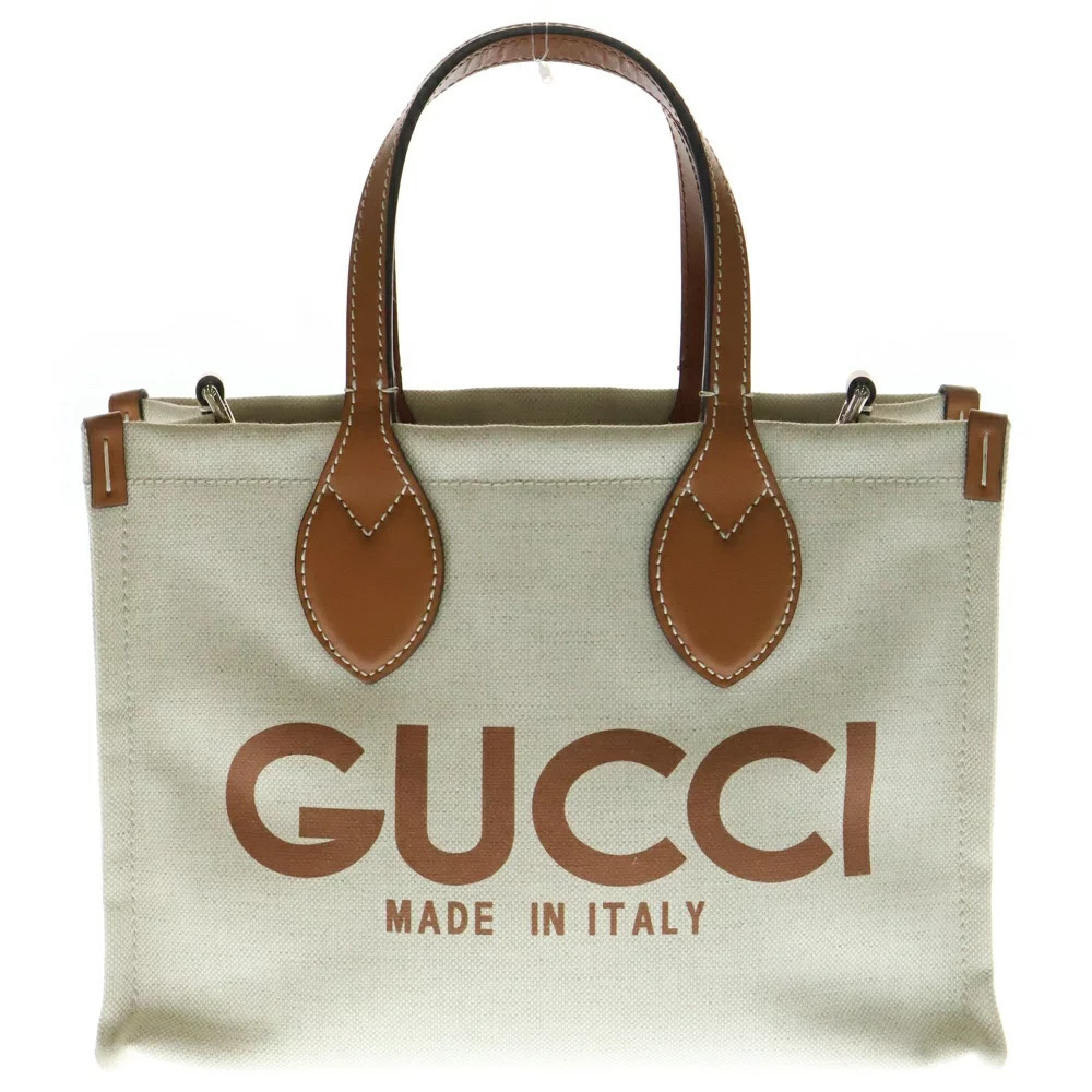GUCCI tote bag canvas leather Ivory White brown handbag shoulder